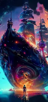 Futuristic ship sails through a vibrant galaxy scene.