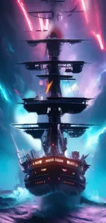 Futuristic ship sailing through a vibrant lightning storm on dark ocean waters.