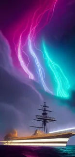 Futuristic ship amidst colorful lightning under a dark, atmospheric sky.