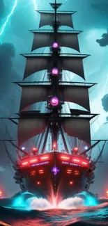 Futuristic ship sailing through a storm with lightning and intense waves.