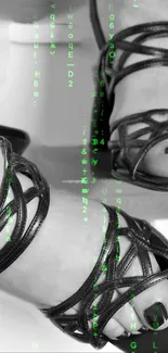 Black strappy shoes with green matrix code background.