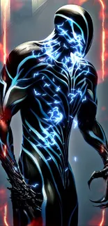 Futuristic figure with blue lines on dark background.