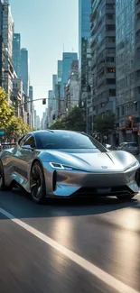 Futuristic silver car driving through a city street.