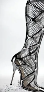 Intricate silver high heel design with mesh patterns and broken glass.