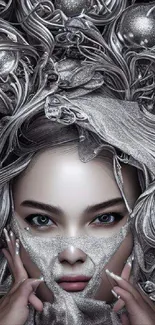 Intricate silver futuristic portrait mobile wallpaper with artistic design.