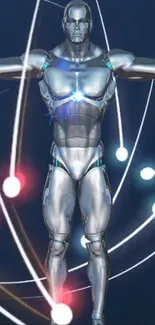 Silver humanoid robot with neon lights in futuristic design.