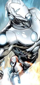 Futuristic silver robot with glowing elements in dynamic pose.