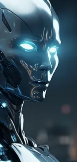 Futuristic silver robot with glowing eyes.