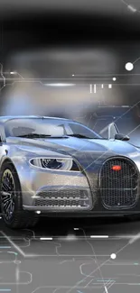 Futuristic silver sports car with digital matrix background.