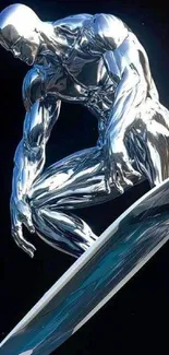 Silver Surfer rides through space in dynamic digital art wallpaper.