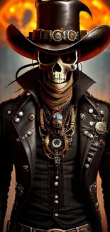 Futuristic skeleton cowboy in gothic attire.