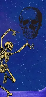 Skeleton dancing in a futuristic purple cosmic scene wallpaper.