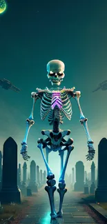 Futuristic skeleton in a neon-lit graveyard with a moonlit sky.