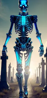 Glowing blue skeleton walking through a cemetery at dusk.