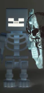 Futuristic Lego skeleton with glowing skull on a dark backdrop.