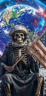 Skeleton astronaut holding a flag on the moon with Earth in the background.