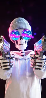 Vibrant skeleton with sunglasses and guns, digital art wallpaper.