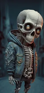 Futuristic skeleton in hoodie with glowing eyes, set in a dark, artistic background.