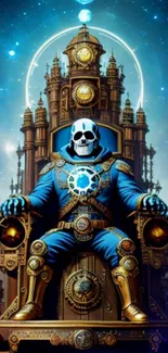 Futuristic skeleton on a mechanical throne with celestial background.