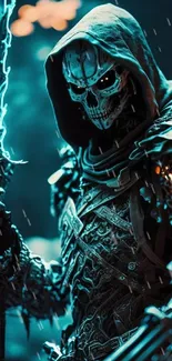 Futuristic skeleton warrior with teal glow and intricate armor.