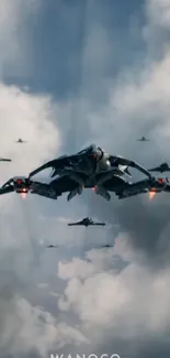 Futuristic aircraft soaring through clouds in a sci-fi scene.