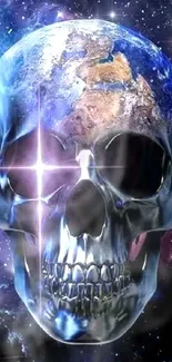 Futuristic skull with Earth in space, emitting cosmic vibes.