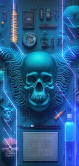 Futuristic teal skull with gadgets wallpaper design.