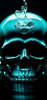 Futuristic skull with cyan glow and liquid effect on black background.