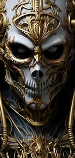 Futuristic skull design with gold details on dark background.