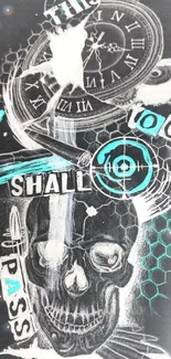 Futuristic skull art wallpaper with teal accents and symbolic motifs.