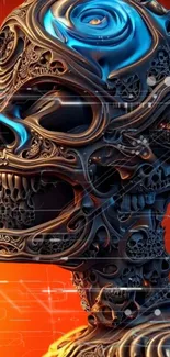 Futuristic skull art with vibrant orange background and intricate digital design.