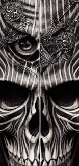 Futuristic skull art in black and white with intricate patterns.