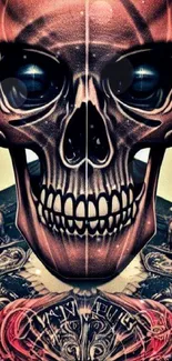 3D futuristic skull art wallpaper with intricate details and vibrant colors.