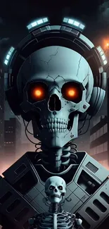 Futuristic skull with neon eyes and headphones in a nighttime city setting.