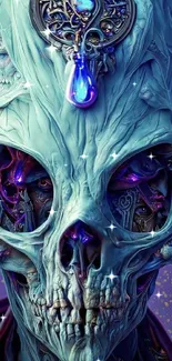 Futuristic skull with intricate blue designs and artistic details.