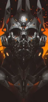 Futuristic skull art with orange hues on dark background.