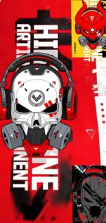 Futuristic skull art with headphones and red accents.