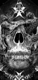 Futuristic black and white skull design wallpaper with intricate details.