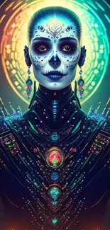 Futuristic skull art wallpaper with vibrant colors and intricate design.