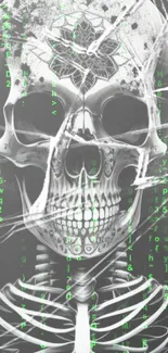 Futuristic skull wallpaper with green digital text overlay.