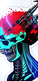 Futuristic skull art with red and teal hues in vibrant mobile wallpaper.