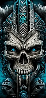 Futuristic skull character art with vibrant teal and gold colors on a mobile wallpaper.