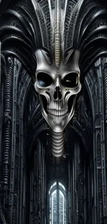 Futuristic metallic skull art in dark setting