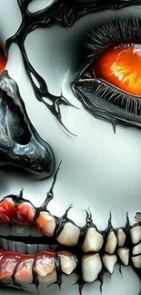 Futuristic skull art with vibrant orange eyes.