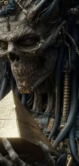Futuristic skull holding a golden pyramid in sci-fi artwork.