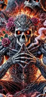 Futuristic skull with flames and red roses, intense art design.