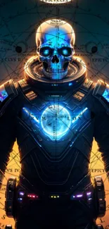 Futuristic skull astronaut with blue and orange cosmic background.