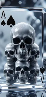 Ace of spades card with stacked skulls in gray tones.
