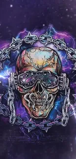 Futuristic skull with chains and lightning on a cosmic background.