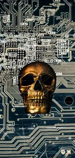 Golden skull on dark circuit board wallpaper design.